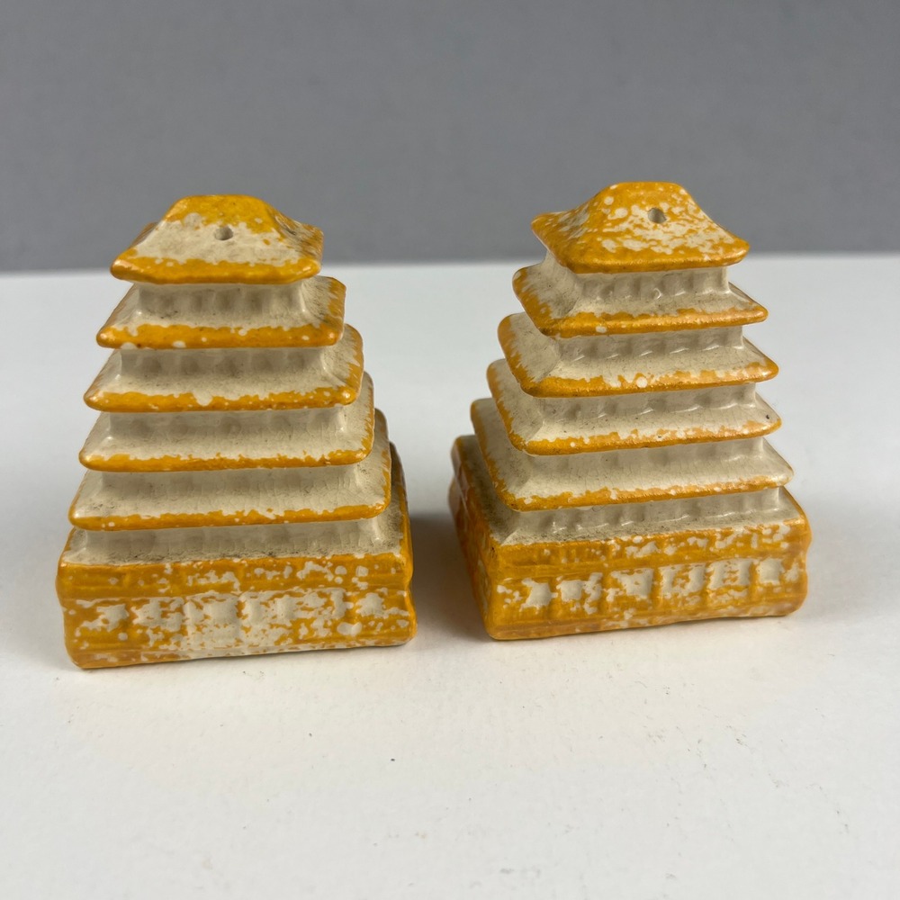 VTG Pagoda Salt Pepper Shakers Pyramid Orange Ceramic Asian Decor MCM Exotic